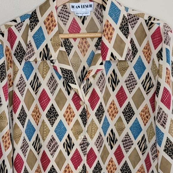 Vintage Joan Leslie Mixed Print Diamond Button Front Long Sleeve Blouse Size 18 - Picture 4 of 5